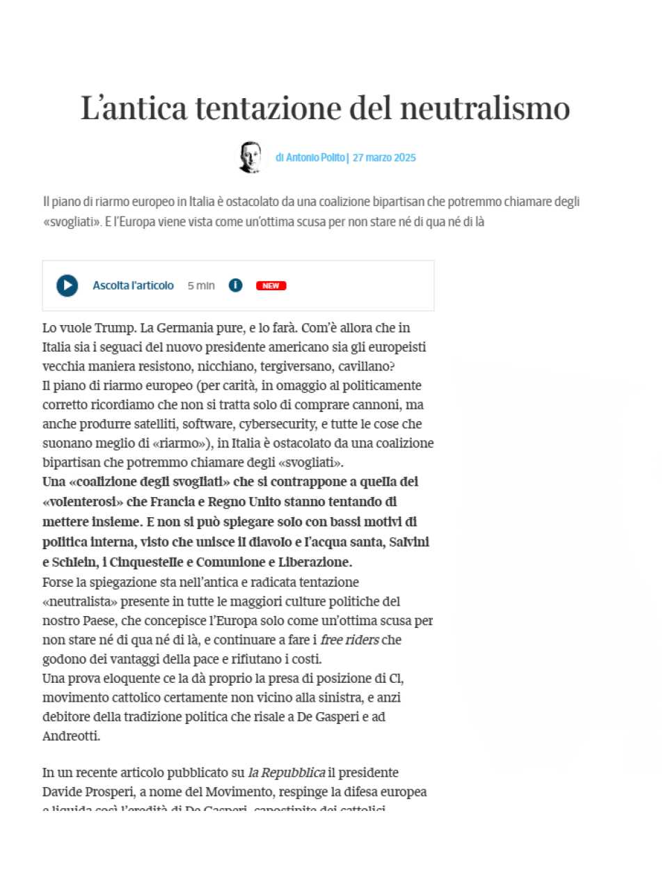 L’antica tentazione del neutralismo